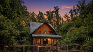 A rustic cabin with a metal roof, wooden deck, and a staircase leading to the entrance.