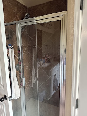 Jetted tub, towels, soap, toilet paper