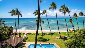 A poolside view overlooking a beach with palm trees and a clear blue sky.
