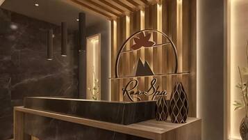 A reception desk with a logo, a wooden panel wall, and a marble floor.