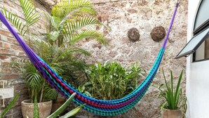 A hammock in a courtyard with potted plants and a rustic brick wall. - Vallarta's lovely apartment (Puerto Vallarta)