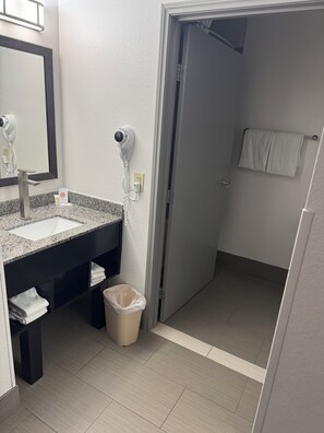 Hair dryer, towels, soap, toilet paper