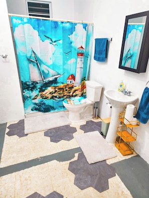 Shower, hair dryer, towels, soap