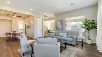 Smart TV, fireplace, books, music library