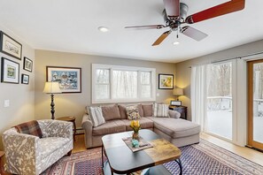 TV, fireplace, DVD player, books - Peaceful riverfront house, dog-friendly, woodstove, decks, bbq, firepit, dock (Newfane)