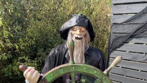 A person dressed as a pirate holding a ship's wheel.