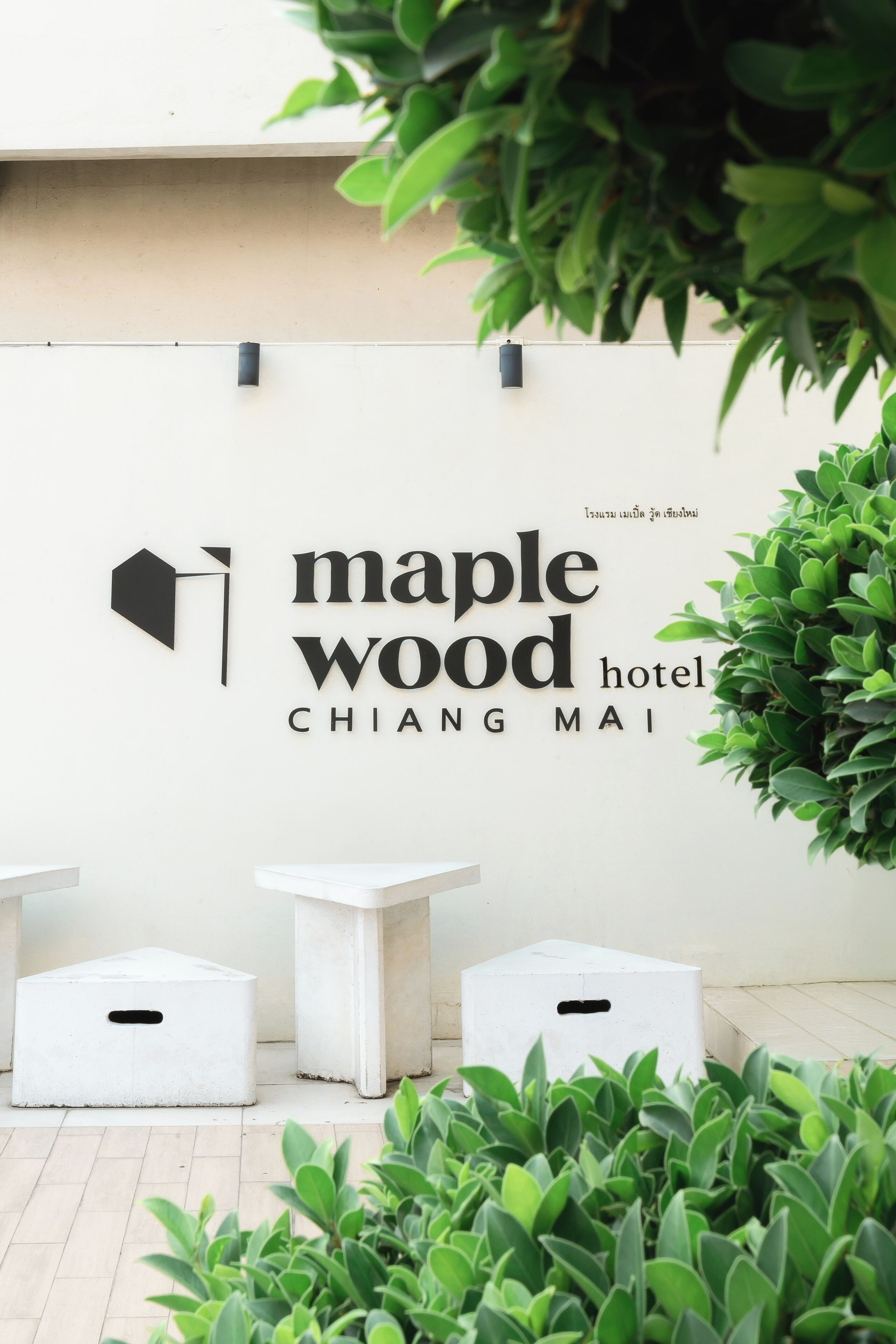 A sign for Maplewood Hotel in Chiang Mai with a minimalist design, featuring a logo and the hotel's name.