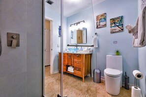 Douche, sèche-cheveux, shampoing