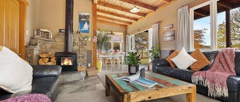 TV, fireplace, books, offices