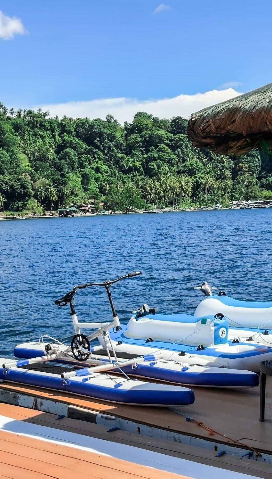 Un bateau était amarré à un quai, avec une côte boisée en arrière-plan.