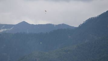 A mountainous landscape with a clear sky and a few kites flying.