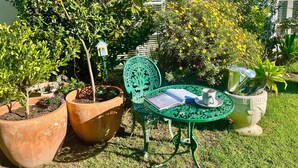 Un jardin avec des plantes en pot, une chaise en métal verte, une petite table avec un livre et une tasse, et une nichoir.