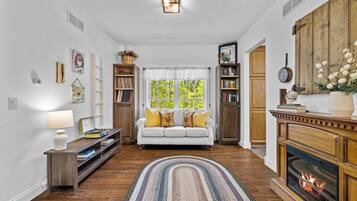 Télévision, cheminée, livres