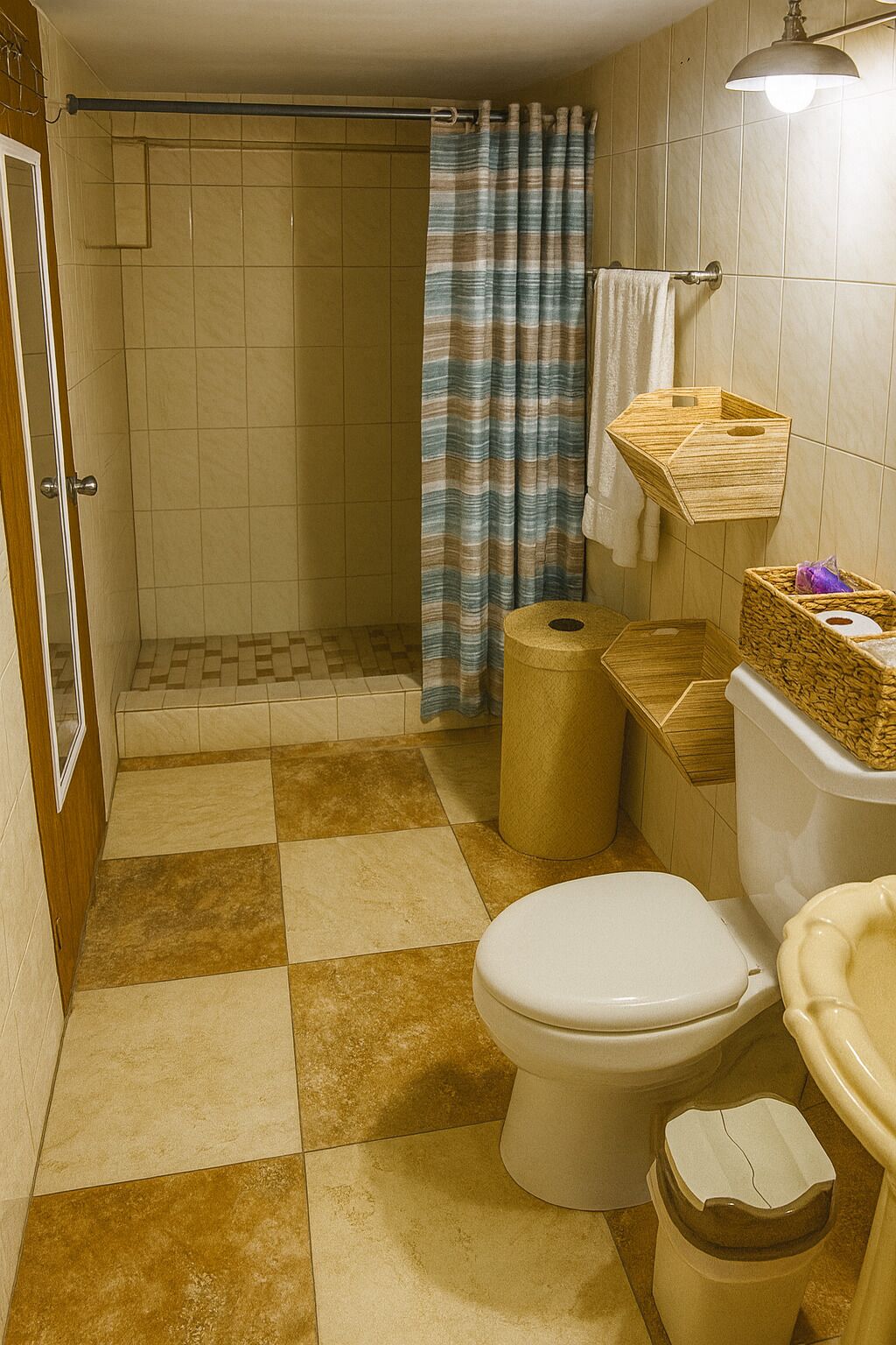 Ein Badezimmer mit Toilette, Bidet und Duschbereich mit gestreifter Duschvorhang.