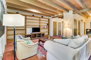 TV, fireplace, books