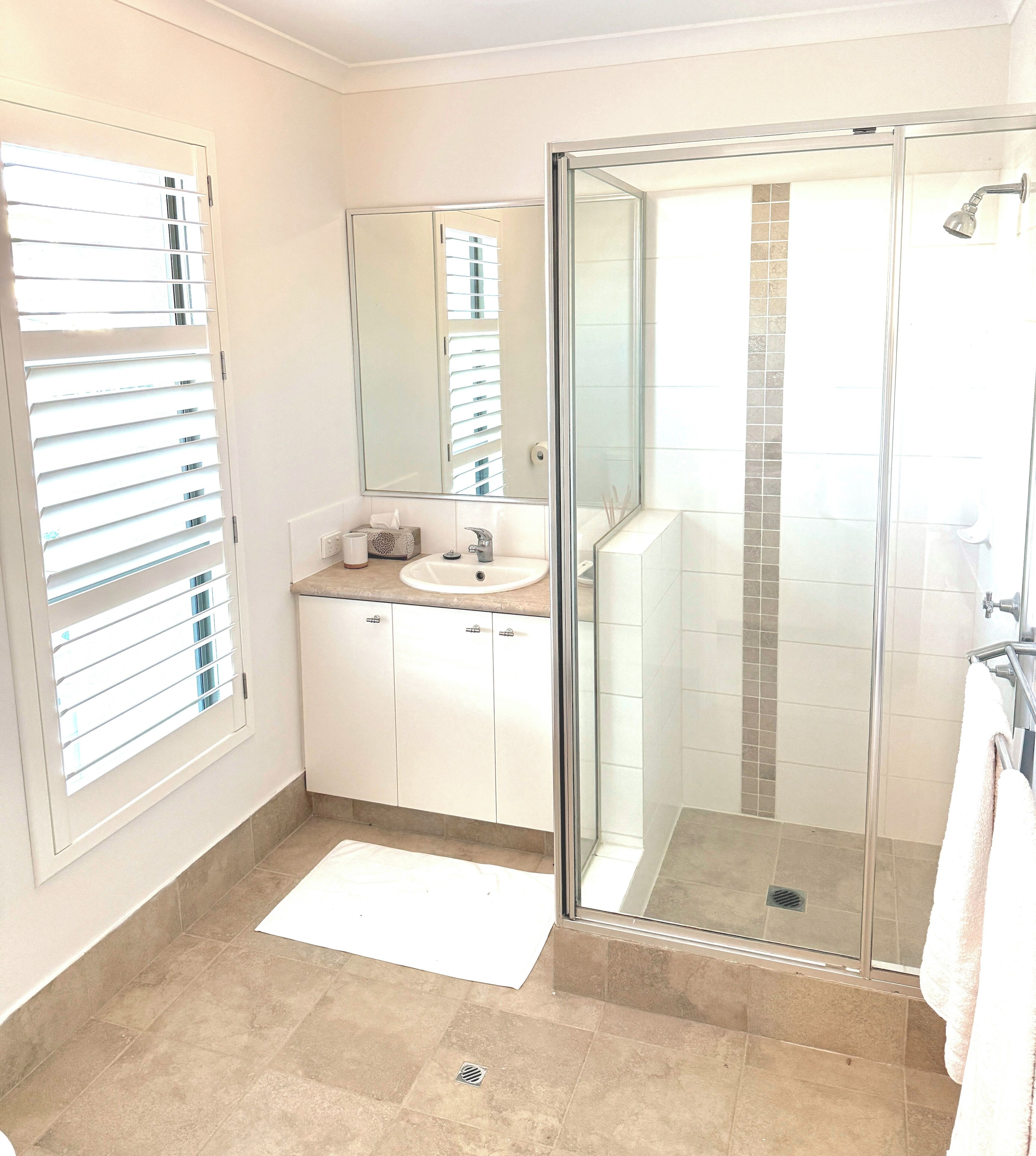 Shower, eco-friendly toiletries, hair dryer, towels