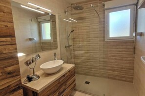 Shower, eco-friendly toiletries, hair dryer, towels