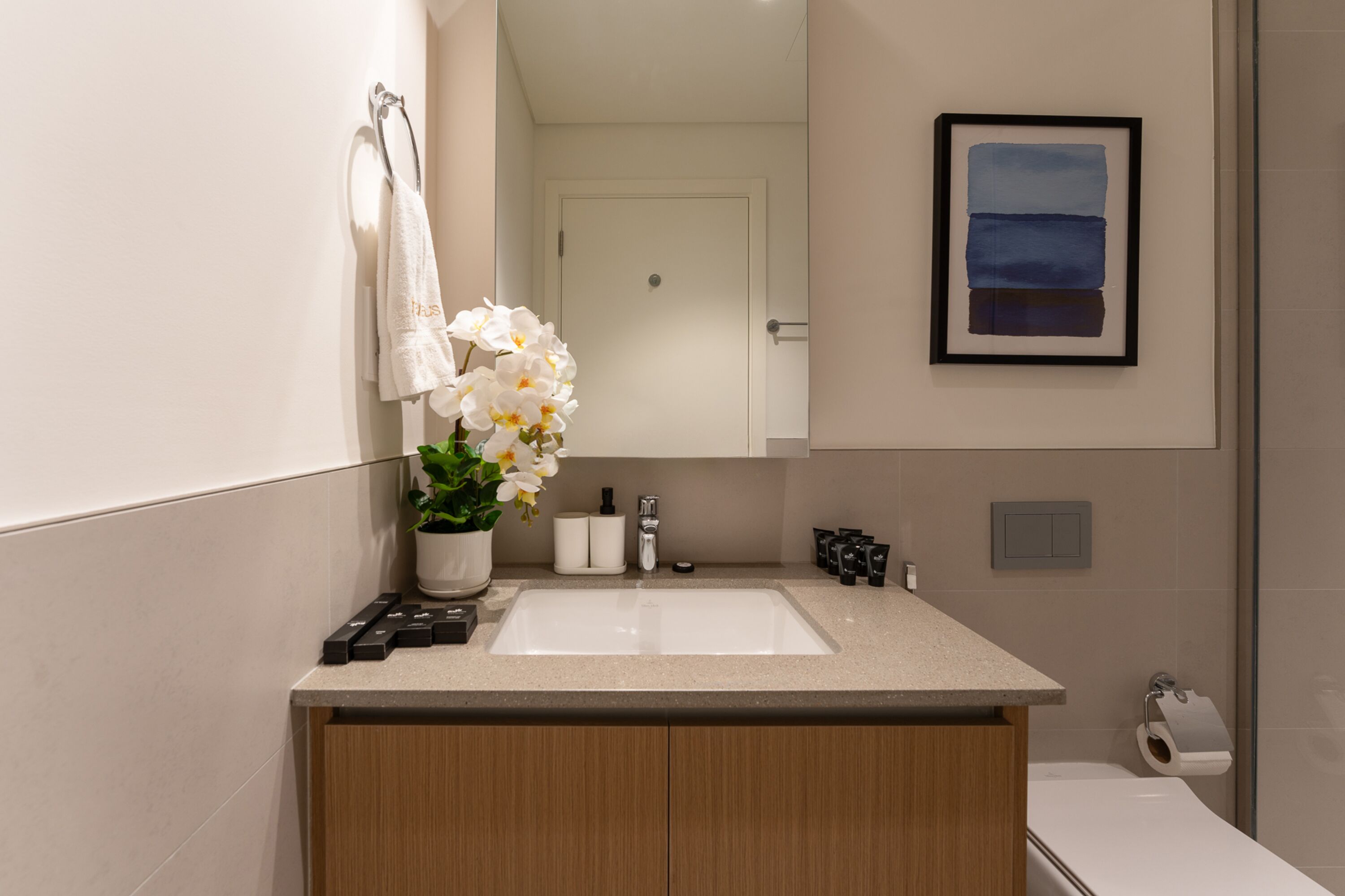 Une salle de bain moderne avec un grand lavabo, des meubles en bois, une orchidée en pot et une œuvre d’art encadrée au mur.