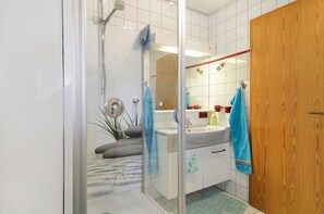 Shower, hair dryer, towels
