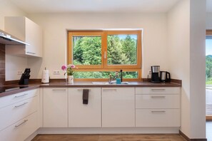 Fridge, microwave, oven, stovetop