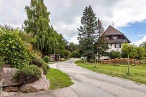 A rural road leading to a house with a sloped roof, surrounded by greenery and a pile of firewood.