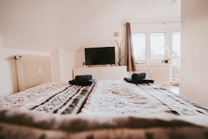 Un dormitorio con cama, televisor sobre un mueble, radiador y ventana con cortinas.