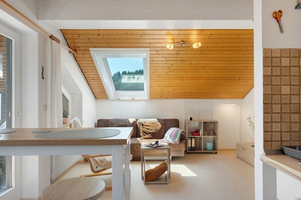 A modern interior with a sloped ceiling, a dining area, a sofa, and a view through a skylight.