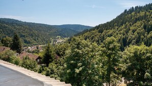 Blick auf eine gebirgige Landschaft mit einem Dorf darunter.