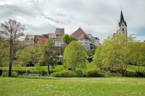 Eine historische Stadt mit einem markanten Kirchturm, üppiger Vegetation und traditioneller Architektur.