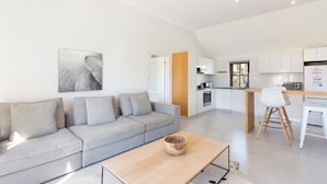 Un salon moderne avec un canapé gris, une table basse en bois et un coin cuisine doté de meubles blancs et d’un plan de travail en bois.