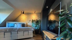 A modern loft bedroom with a sloped ceiling, a sofa bed, a large potted plant, and a TV mounted on the wall. - Emerald Suite with whirlpool, sauna and massage chair (Essen)