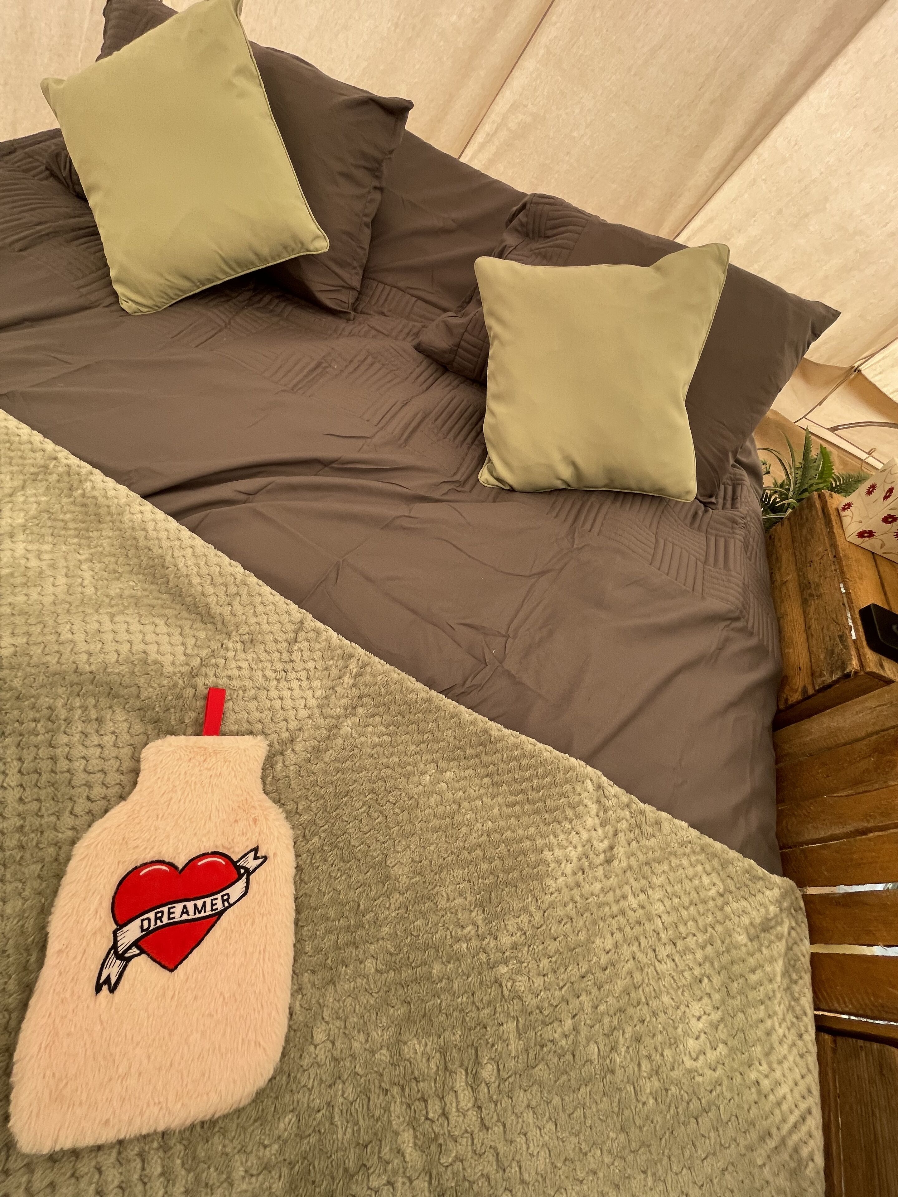 Uma cama com roupa de cama marrom e duas almofadas, um cobertor bege com um desenho de coração e uma mesa de cabeceira de madeira com uma planta.