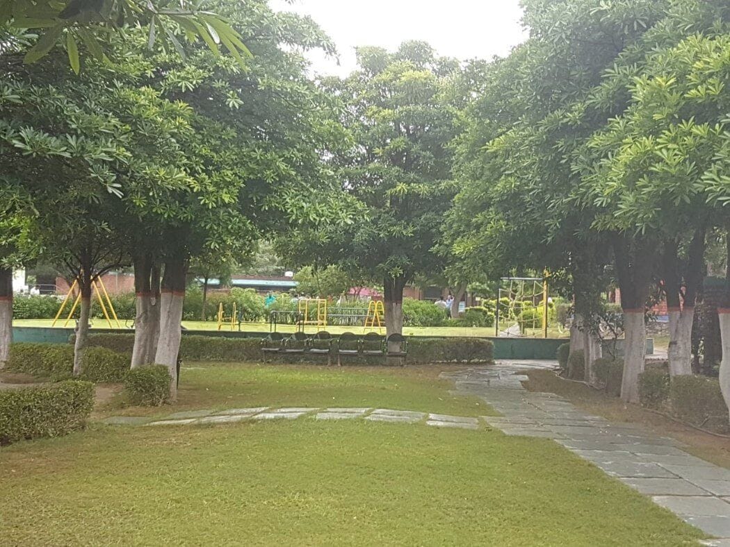 Un parque con árboles, un sendero pavimentado y equipo de juegos.