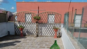 Eine Dachterrasse mit einem roten Gebäude im Hintergrund, einem Gitterzaun und Topfpflanzen.