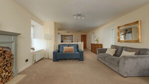 Ein geräumiges Wohnzimmer mit Kamin, einem grauen Sofa, einem blauen Sofa und einem Holzschrank.