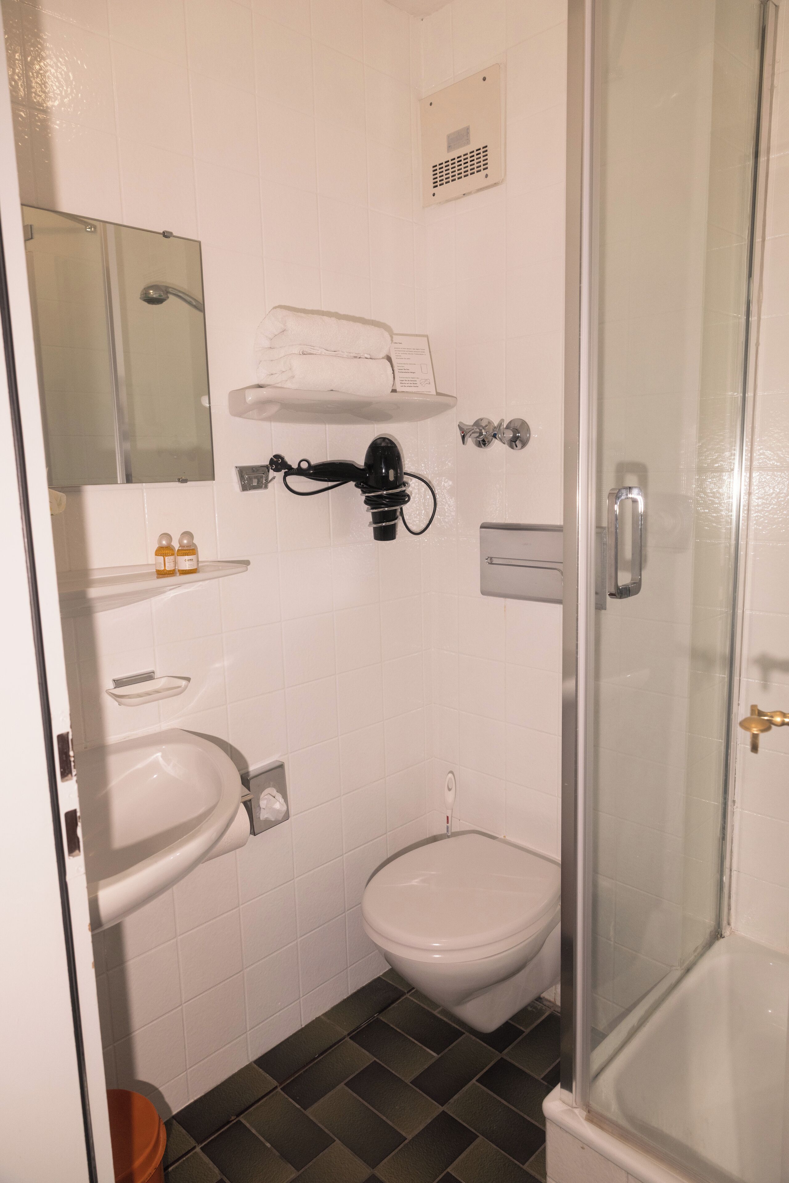 A bathroom with a glass shower enclosure, a white sink, a toilet, and a mirror above the sink.
