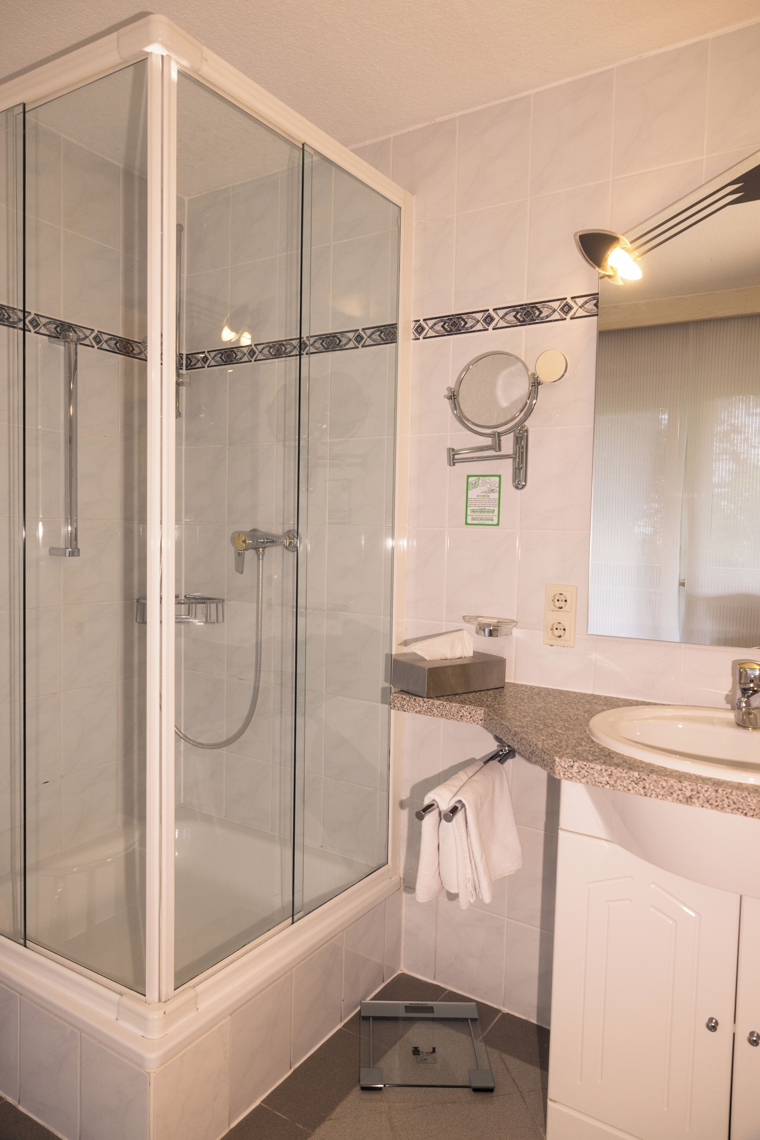 A modern bathroom with a glass-enclosed shower, a sink with a mirror, and a towel rack.
