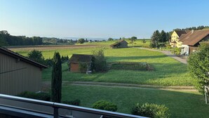 A rural landscape with a farmhouse, a barn, and open fields.
