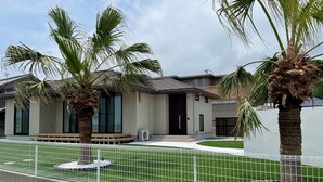 Uma casa moderna com um quintal cercado, palmeiras e um gramado bem cuidado.