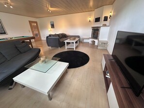 TV, fireplace, table football, ping pong