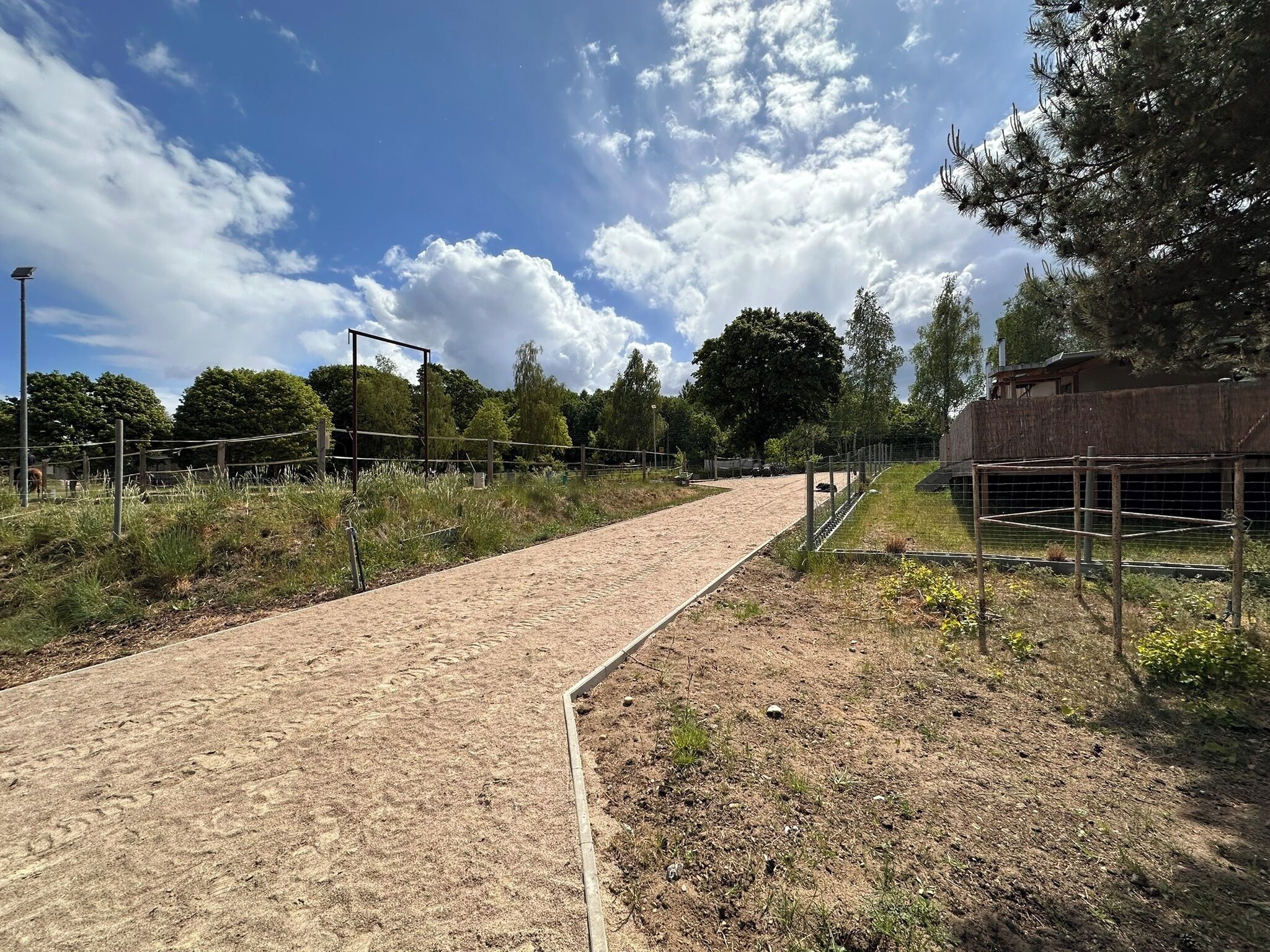 A dirt path leading to a fenced area with trees and a building in the background.