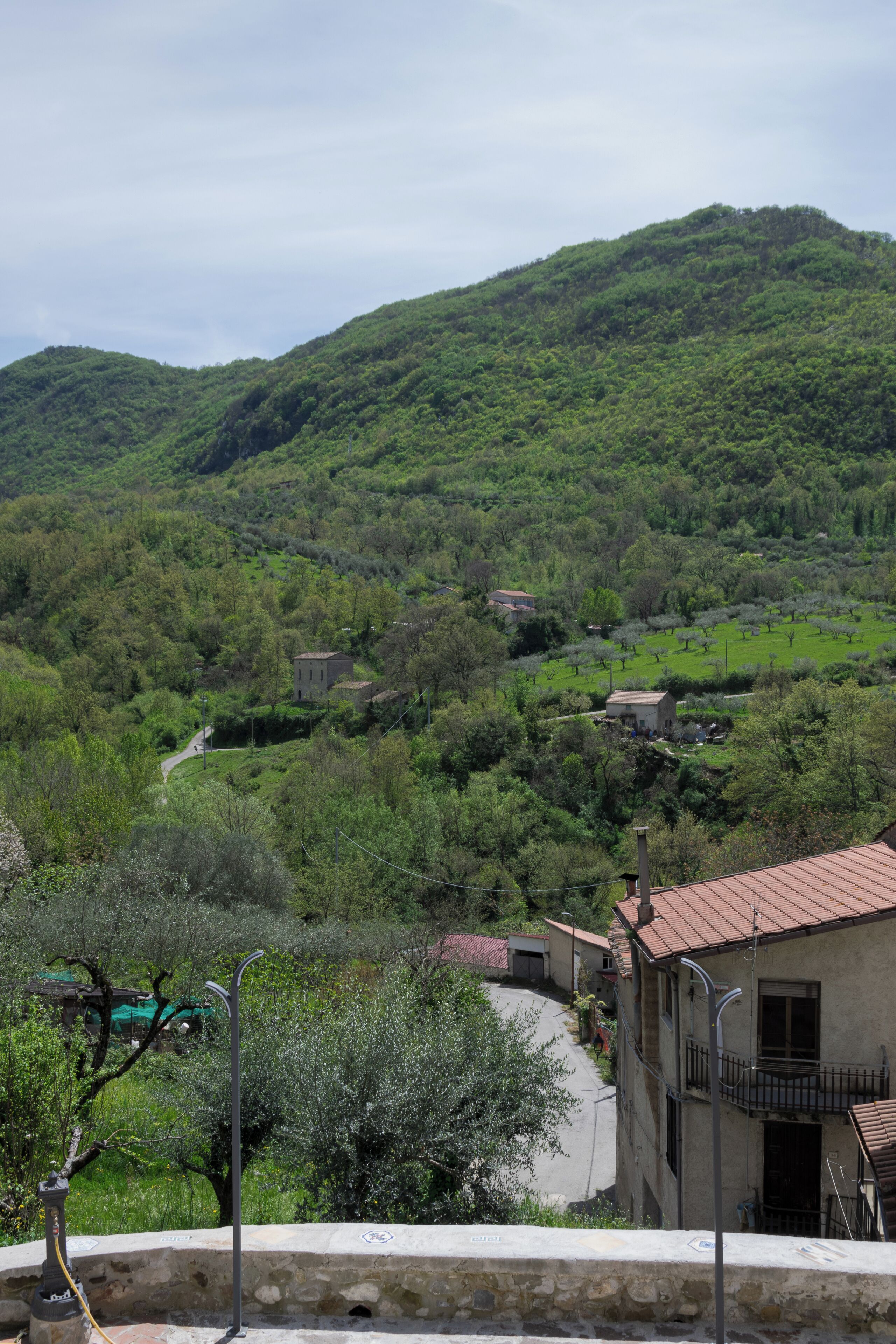 Un borgo collinare con edifici in pietra tradizionali, una strada tortuosa e vegetazione lussureggiante.