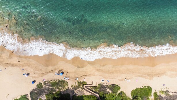An aerial view of a beach with clear turquoise water, sandy shore, and people sunbathing.