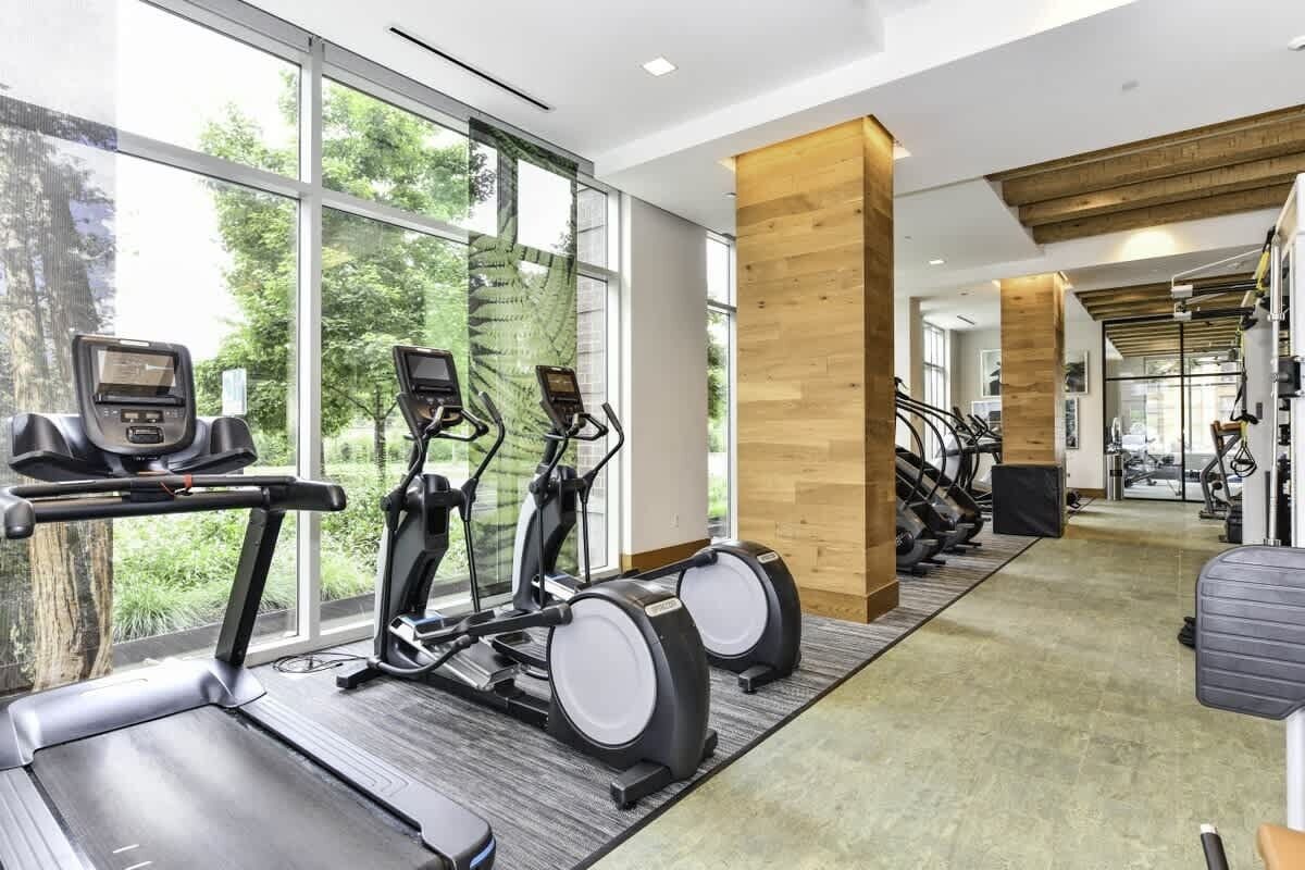 A gym with treadmills, elliptical machines, and a rowing machine.
