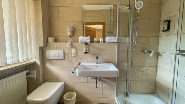 A modern bathroom with a toilet, sink, and glass-enclosed shower. - Forellenhof (Pottenstein)