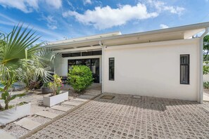 Une maison moderne dotée d’un patio couvert, d’une piscine et de diverses plantes.