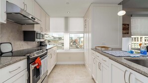 A modern kitchen with white cabinets, a stainless steel range hood, a built-in oven, and a window offering a city view.