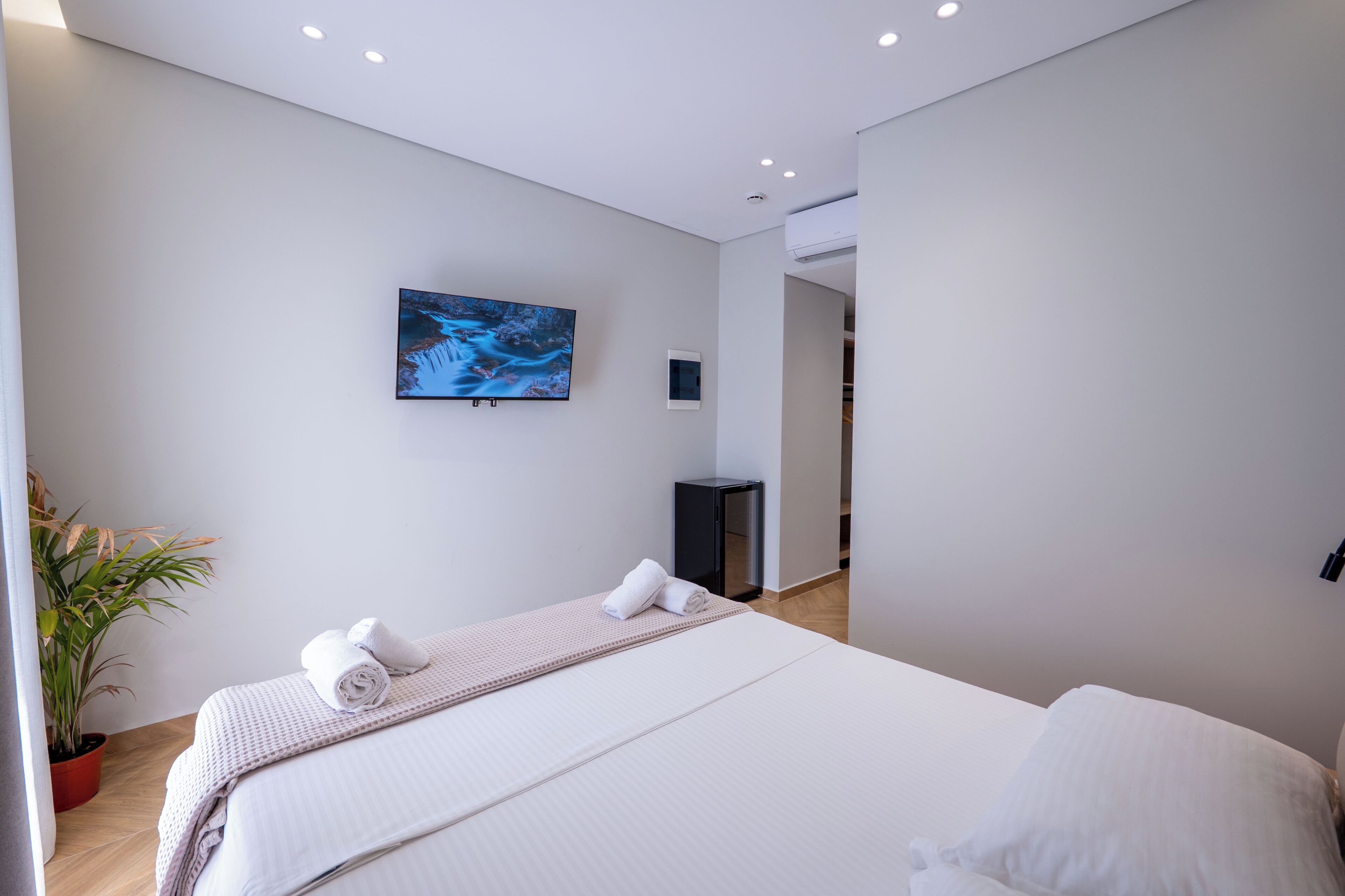 A modern hotel room with a bed, a wall-mounted TV, a potted plant, and a small desk.