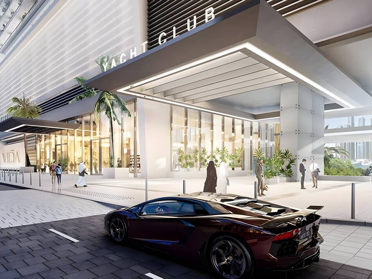 Un edificio moderno con un letrero que dice 'YACHT CLUB' y un coche de lujo estacionado frente a él.