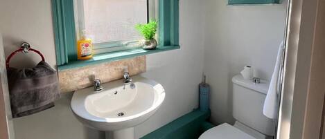 A bathroom with a white sink, a toilet, and a window with a view of the outside.